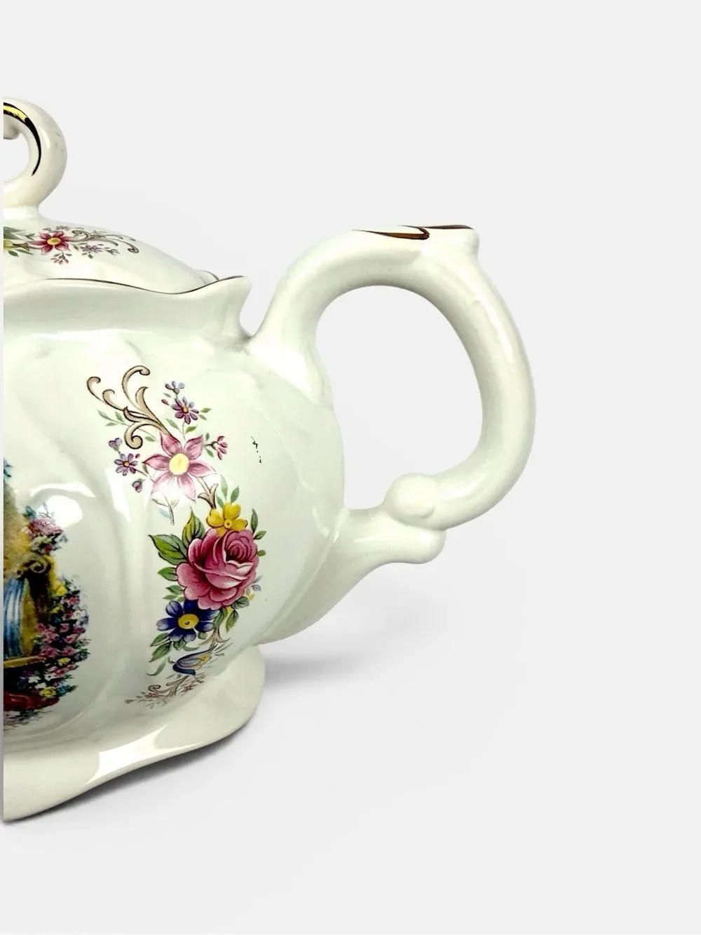 Caledonia Staffordshire England Teapot Floral Courting Scene Gold Trim 6 Cups